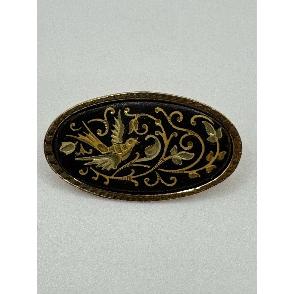 Vintage‎ Damascene Brooch - Gold Tone Victorian Bird And Flowers